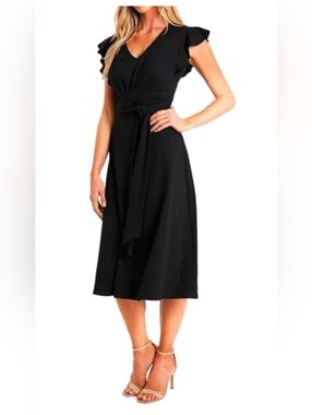 CeCe Black V-Neck Wrap Midi Dress with Tie Waist